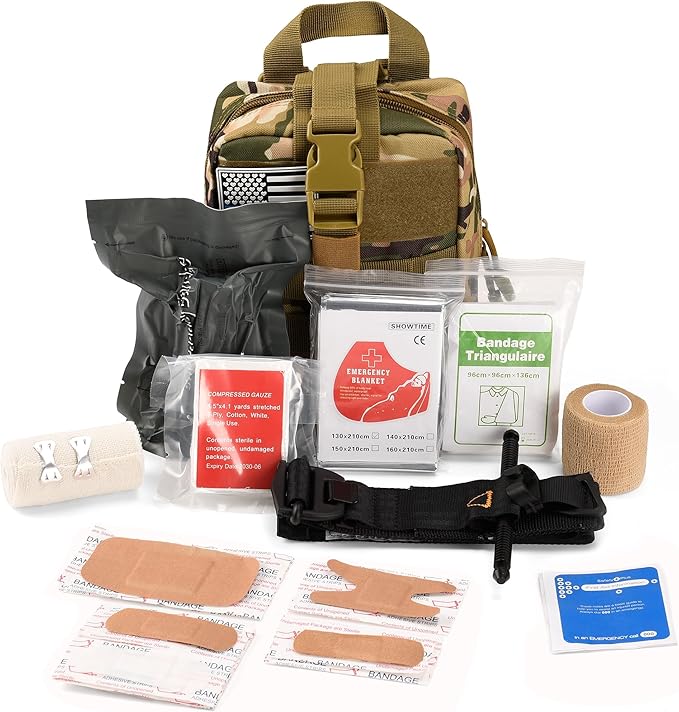 IFAK Trauma Kit with Tourniquet, 4-Inch Israeli Bandage, Tactical First Aid Kit for Car, Camping, Hiking and Travel with Molle Bag (Camouflage)