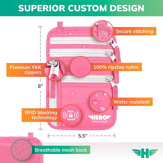 HERO Neck Wallet – RFID Blocking Passport Holder – Easy to Conceal Travel Pouch (Hot Pink)
