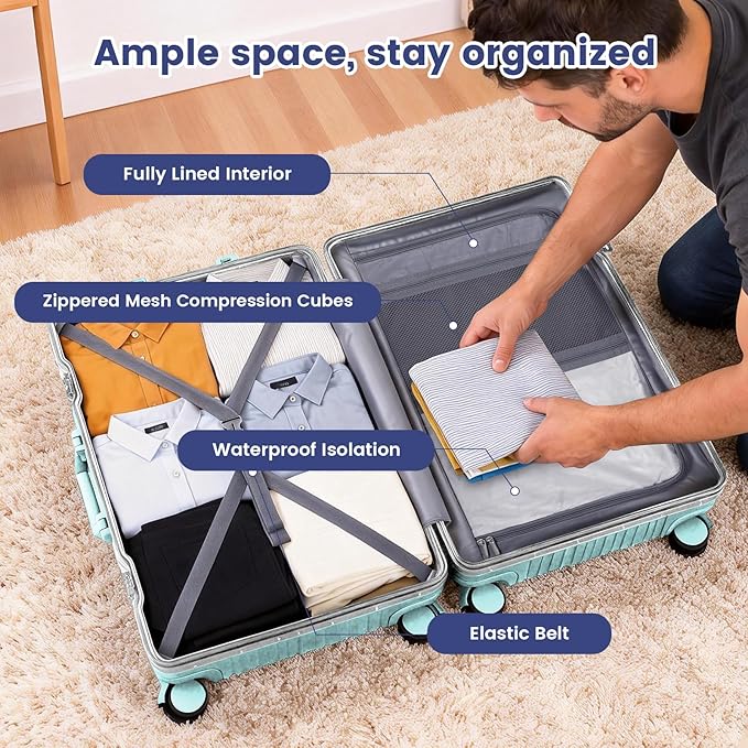 20 Inch Carry On Suitcase, Aluminum Frame Zipperless Hard Shell Luggage with Spinner Wheels, TSA Lock, USB Charging Port, Phone Holder, Cup Holder for Business Travel and Trips, Mint Green
