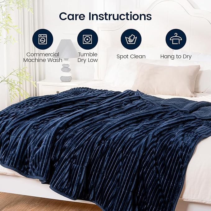 Sherpa Fleece Adult Weighted Blanket with Ribbed Stripes, 15 Pounds Dual Sided Soft Plush Blanket for Couch Bed Sofa, Heavy Thick Blankets with Glass Beads Great for Sleep, Navy Blue, 48" x 72"