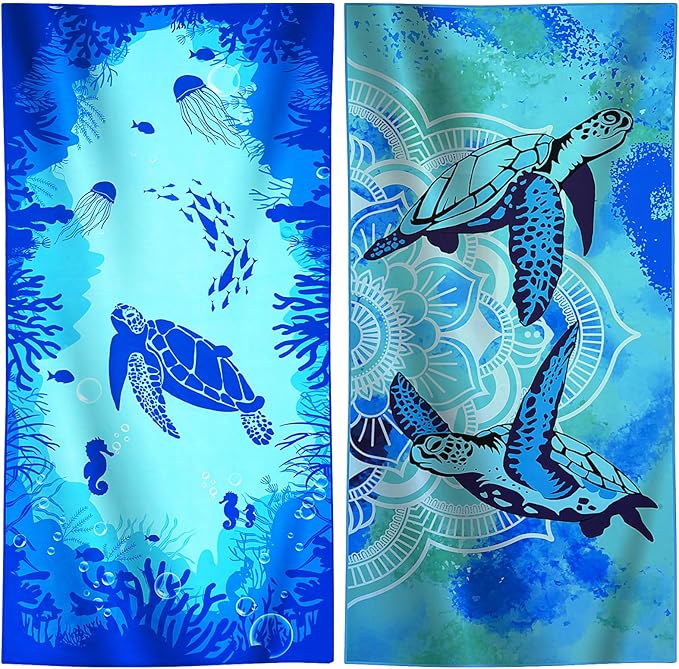 2 Packs Lightweight Thin Microfiber Beach Towel Oversized Quick Dry Compact Sandproof Clearance Towels Sand Free Camping Swimming Easy Pack Travel Essentials Women AdultsSea Turtles Blue Dark Blue