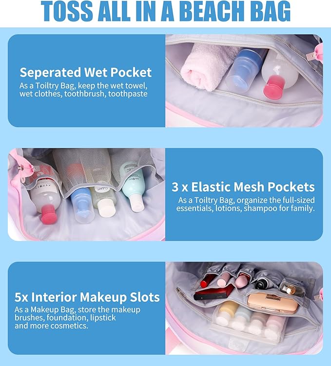 Beach Bags for Women, Large Waterproof Sandproof Swim Pool Bag with Dry Wet Seperated Pocket Utility Tote Bag
