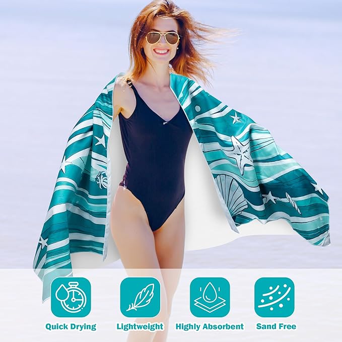 Wave Magnetic Beach Towel - 74.8"x30" Sand Free Quick Dry Microfiber Towel with Built-in Magnets Lightweight for Beach Chair Car Door Pool Travel Camping Yoga with Storage Bag