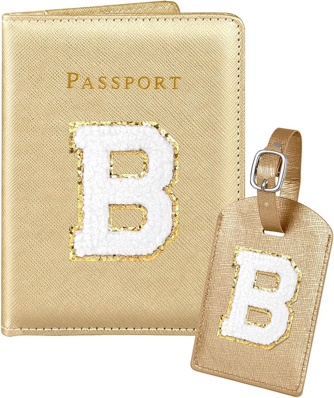 Slohif Passport Holder Initial Lugguage Tag Set Suitcase Cover Wallet Case for Travel Women - Leather Letter Passport Book Personalized Organizer Card Protector Sleeve Essentials Slim Carrier Gold B
