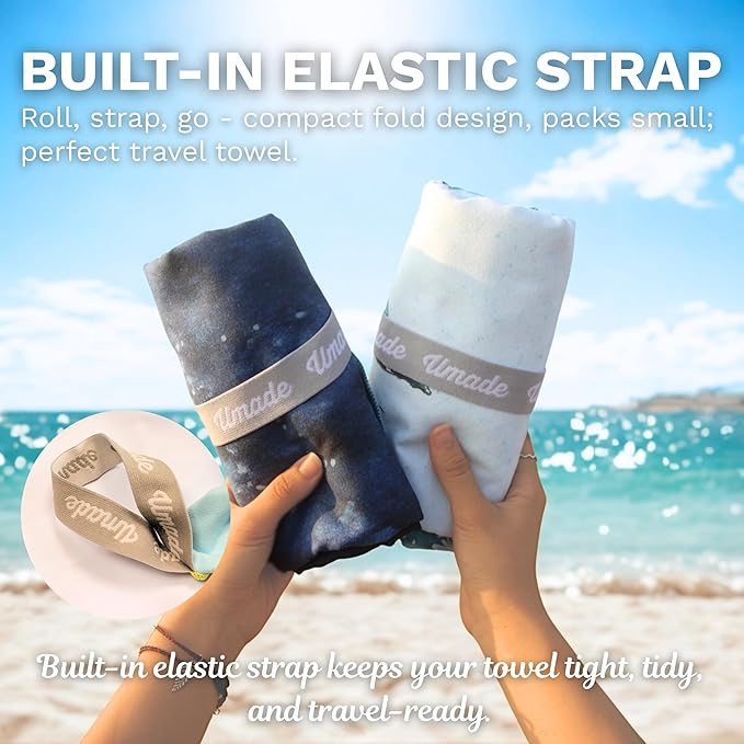 Umade Microfiber Quick Dry Towel, 59" x 29.5" - Compact Lightweight Travel/Backpack/Camping/Yoga Towels with Hanging Loop & Elastic Strap, Manta Rays Design (Deep Blue)