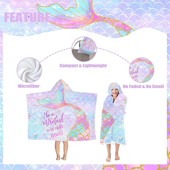 Mermaid Hooded Beach Towel for Girls - Kids Poncho Towel With Tail, Soft Absorbent Bath Towel With Hood, Pink Scales, 30"x50" - Bathrobe for Swim Pool Bath