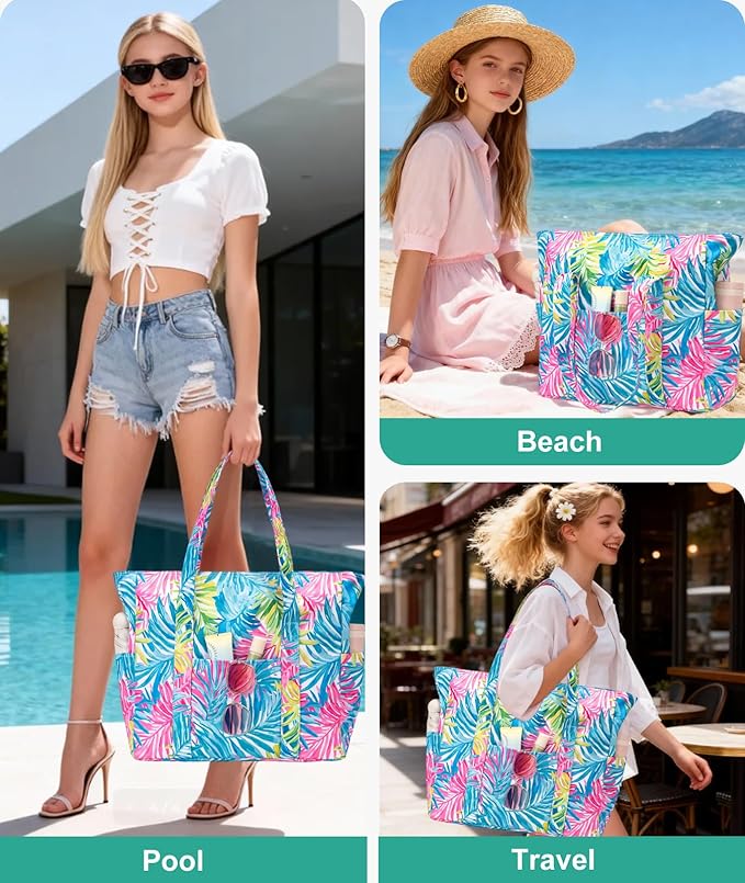 Octsky Large Beach Bags for Women - Waterproof Sandproof Beach Tote with Dual Zipper and Wet Pocket - 3 Outside Pockets