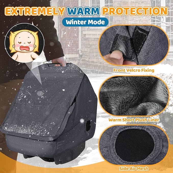 Car Seat Rain Cover with Clear Peep Window, Universal Car Seat Cover Baby with Zipper Door and Side Ventilation, All-Round Snow, Wind & Rain Canopy Waterproof Cover, Machine Washable, Grey
