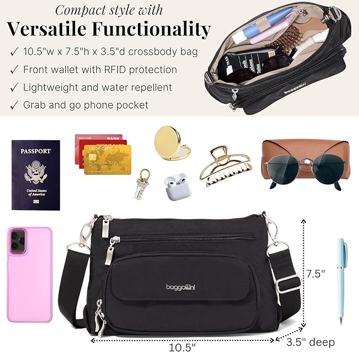 Baggallini Original Everyday 11x7.5 Crossbody Bags Rfid Protected Lightweight Nylon Zippered Travel Purse