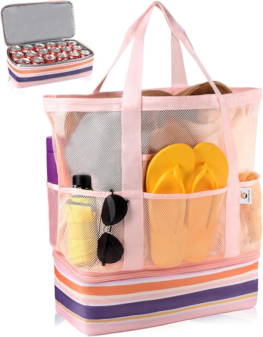 Beach Bag with Cooler, Mesh Beach Bag for Women Cruise Pool, Packable Waterproof Sandproof Travel Tote Bag with 8 Pockets