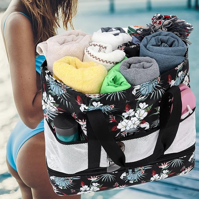 JIANYA Beach Bag Women Waterproof Sandproof Beach Tote Bags with Cooler Top Zipper Large Totes for Pool Travel Daily