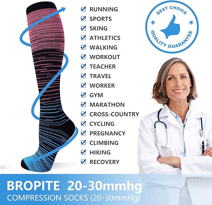 bropite Flora Compression Socks for Women & Men-Knee high 6 Pairs 20-30mmhg Support Running Nurse Travel