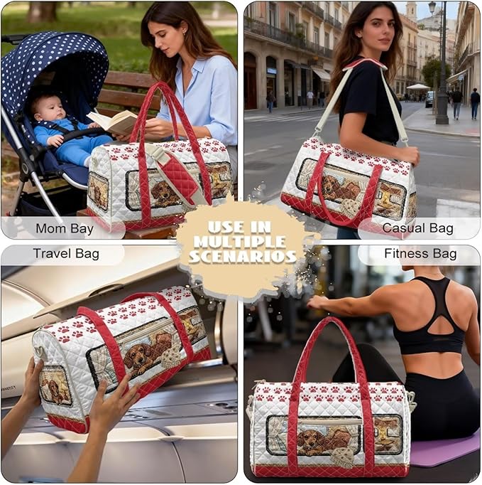 COEQINE Red Quilted Travel Bag for Women Cute Dachshund Dog Camper Car Print Quilted Tote Bag Large Car for Travel Duffle Bag Weekender Carry on Gym Backpack Purses for Womens