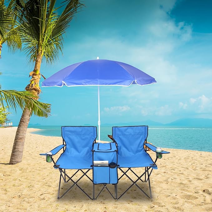 Outvita Folding Double Camping Chair w/Umbrella Beverage Holder Carrying Bag Cooler Fold Up Table, Large Bearing Capacity for Beach Patio Pool Park Outdoor Blue
