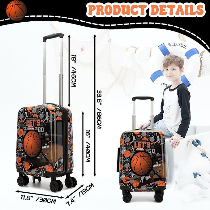 Kids Basketball Suitcase Set for Boys Hardside Luggage with Spinner Wheels 5 Piece 16inch Toddler Suitcase for Boys Travel Carry on Luggage Airline Approved