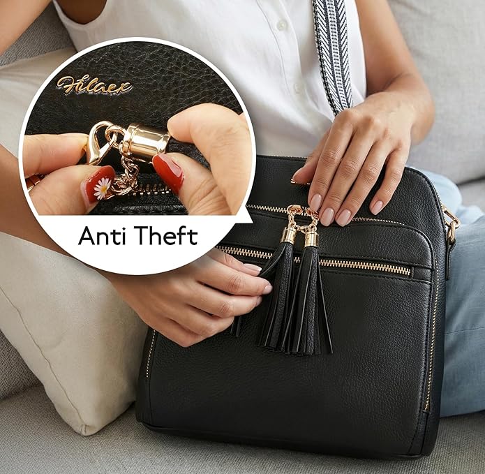 Women's Leather Crossbody Bags Anti Theft Purses RFID Blocking Handbags Trendy Travel Adjustable Strap Tassel
