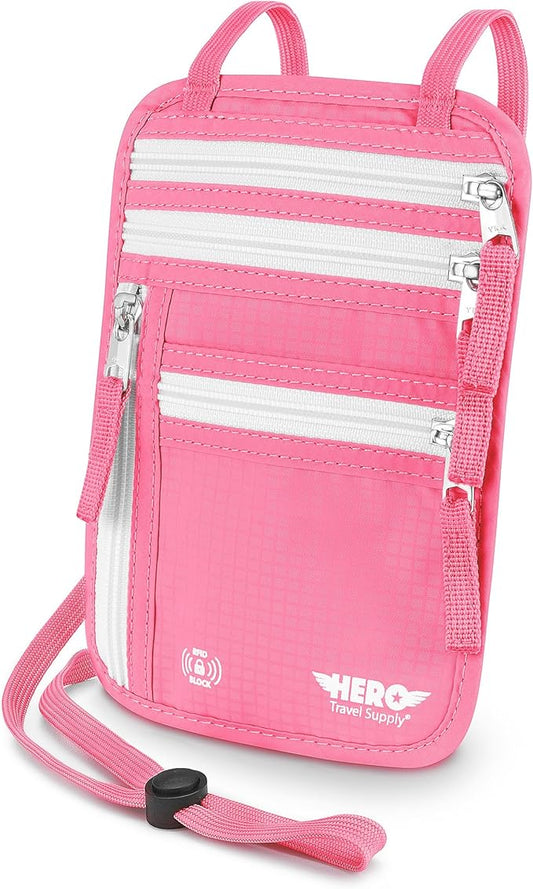 HERO Neck Wallet – RFID Blocking Passport Holder – Easy to Conceal Travel Pouch (Hot Pink)