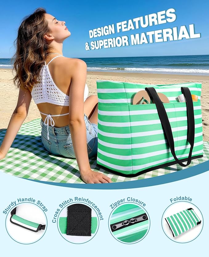 ISEYOU Beach Bag with Cooler, 49L Large Family Beach Tote with Zipper, Waterproof Sandproof Beach Bags for Women and Men, Foldable Lightweight Travel Bag for Pool, Picnic, Gym