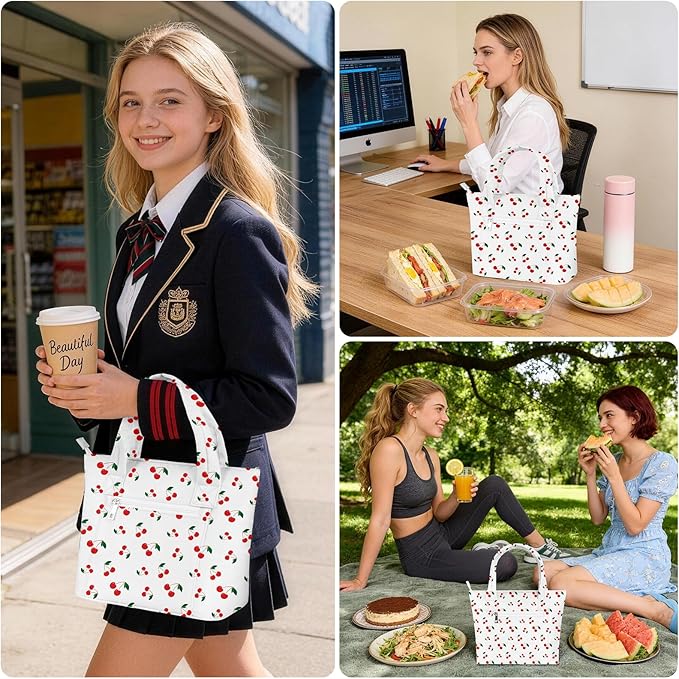 Tote Lunch Bag Women Stylish Quilted Lunch Boxes for Adult Fit and Fresh Cooler Insulated Lunchbox for Work Large 10 Liters Cute Compact Lunchbag Waterproof Cherry