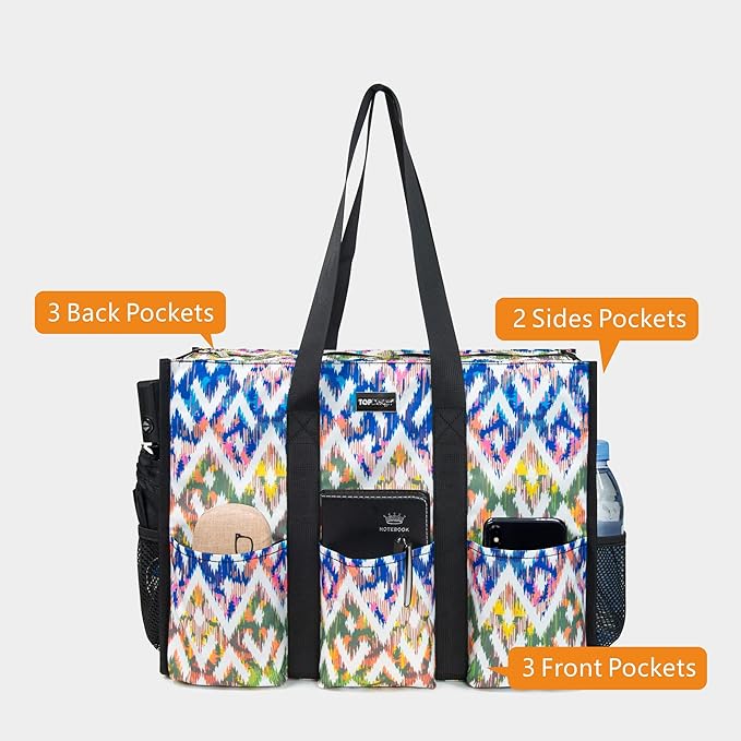 TOPDesign Utility Water Resistant Tote Bag with 13 Pockets, Top Zipper Closure & Thick Bottom Support, for Working Women