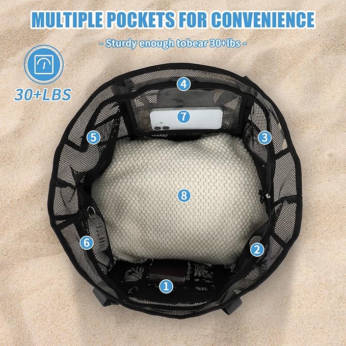 Mesh Beach Bag, Foldable Extra Large Beach Bags with Zipper Pool Bag with Portable Phone Pouch for Vacation Pool