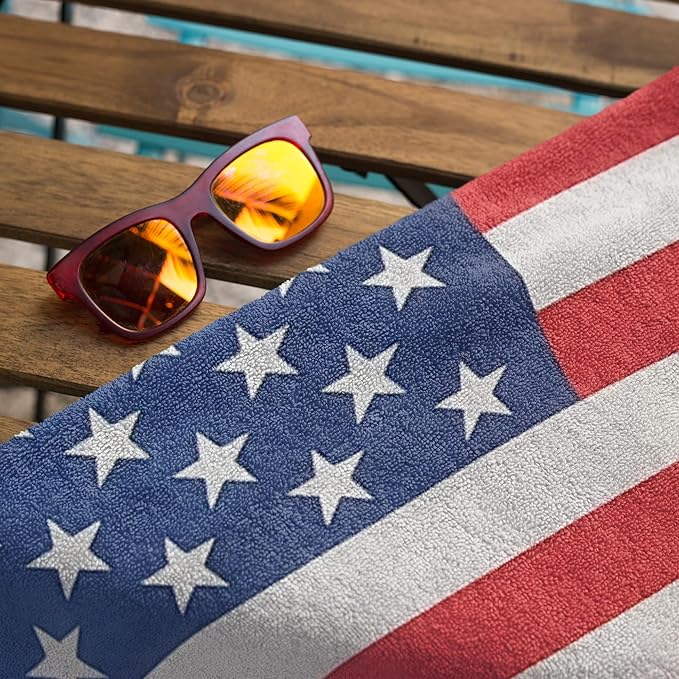 USA American Flag Beach Blanket Towel 54”x68” – 100% Cotton Velour, Highly Absorbent, Fast Drying, Easy-Pack for Spring Break, Vacation, Beach, Pool, or Sunbathing, Lightweight, Compact