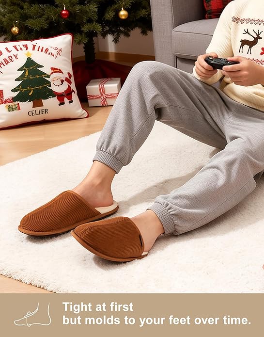 VeraCosy Men's Corduroy Scuff Slippers Soft Comfy Memory Foam Non-slip Indoor House Shoes