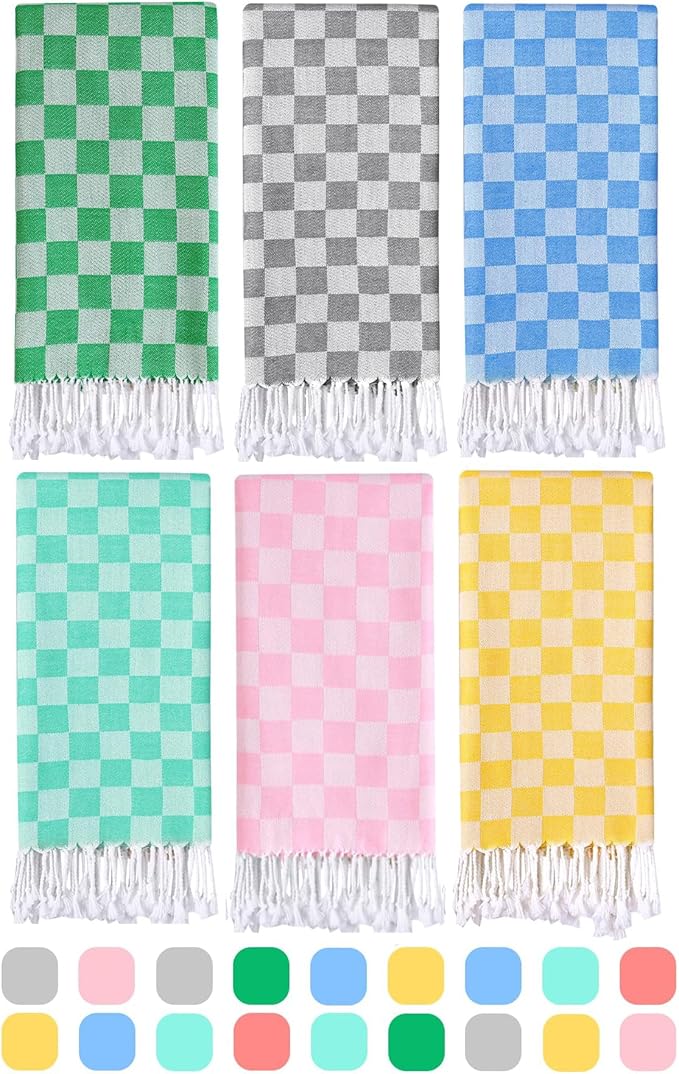 6 Packs Checkered Plaid Turkish Beach Towel Beach Blanket Sandproof Fast Drying Extra Large Palm Spring Cabo San Lucas Venice Trip Essentials Pueto Vallarta Nassau Cosaster Accessories Resort Key West