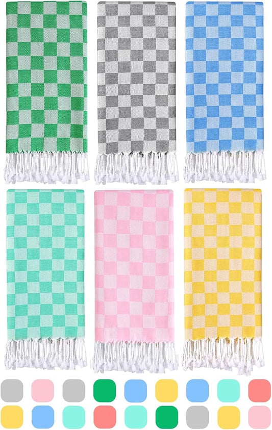 6 Packs Checkered Plaid Turkish Beach Towel Beach Blanket Sandproof Fast Drying Extra Large Palm Spring Cabo San Lucas Venice Trip Essentials Pueto Vallarta Nassau Cosaster Accessories Resort Key West