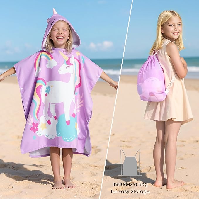 Joiedomi Kids Beach Towels with Hood for Girls Purple Unicorn Hooded Toddler Bath Towel Quick Dry Soft Microfiber 30"x30"