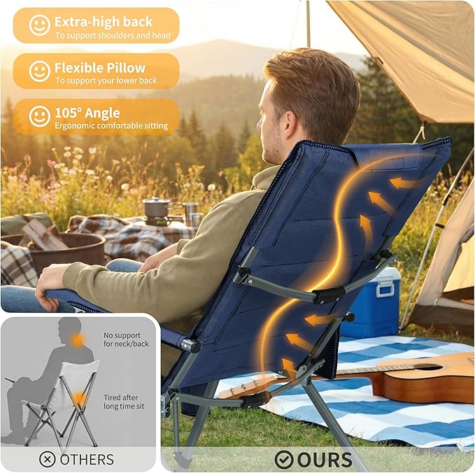 Folding Camping Chair with Cup Holder and Storage Bag, Heavy Duty Support 400 LBS, Oversized Collapsible Portable Adjustable Back Support Camping Chair for Outdoor (Adjustable-Blue)