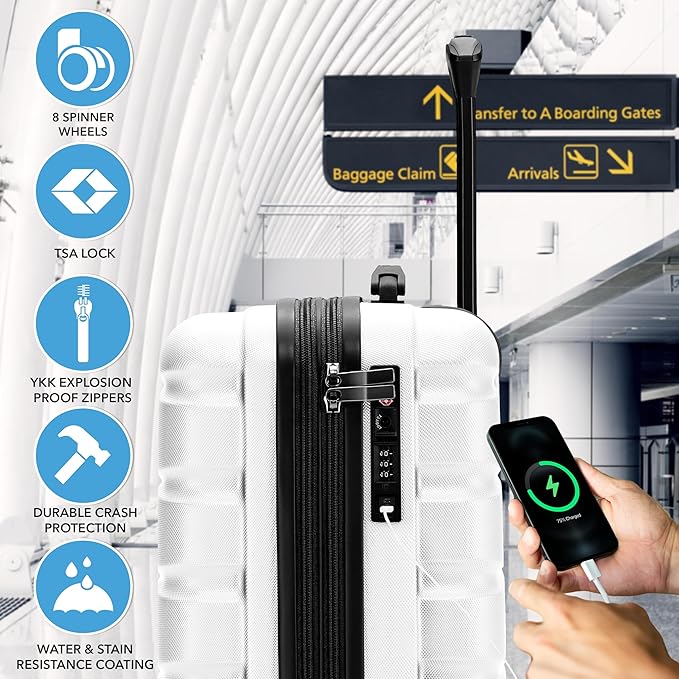 Flight Knight 21.5x15.5x9 Expandable Carry On Suitcase Hardside TSA Lock & USB C Port Lightweight Luggage Silent Double Spinner Wheels Maximum Canada Air Overhead Bag Airlines Approved White