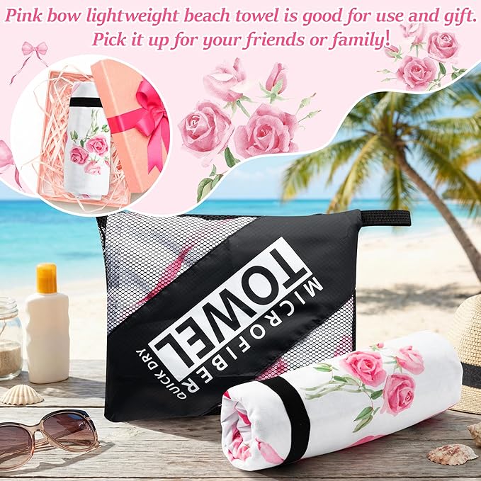 Pink Bow Oversized Beach Towel - Rose Flower Sand Free Thin Quick Dry Absorbent Lightweight Microfiber Towel Beach Accessories for Girl Women Travel Sport Swimming Pool Bath Camping Vacation Essential
