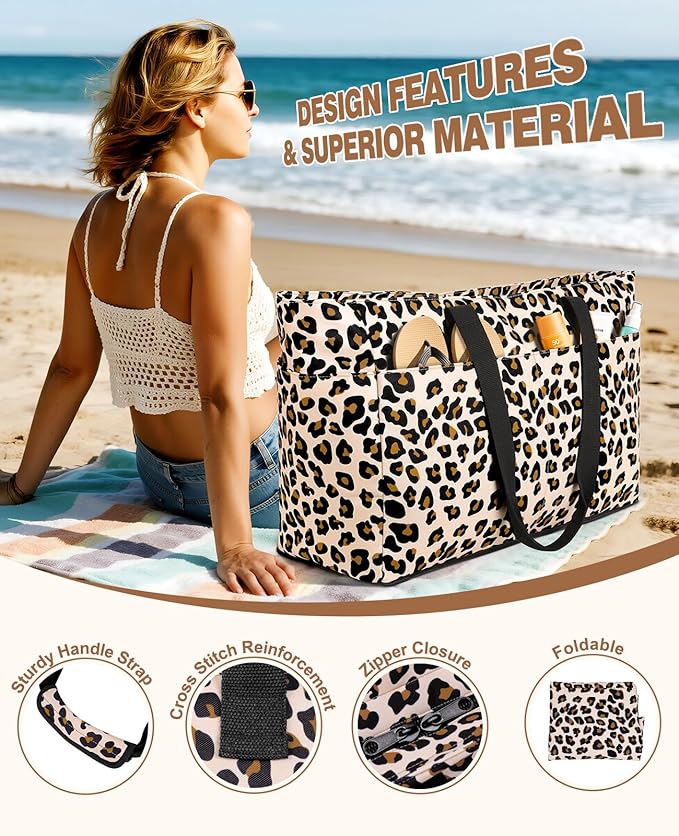 ISEYOU Beach Bag with Cooler, 49L Large Family Beach Tote with Zipper, Waterproof Sandproof Beach Bags for Women and Men, Foldable Lightweight Travel Bag for Pool, Picnic, Gym