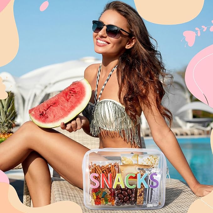 Clear Snack Bag Travel Zipper Pouch Makeup Cosmetic Bag 9.5" x 7" x 3.5" Large Beach Toiletry Pouch PVC Waterproof Transparent Organizer for Women Girl Summer