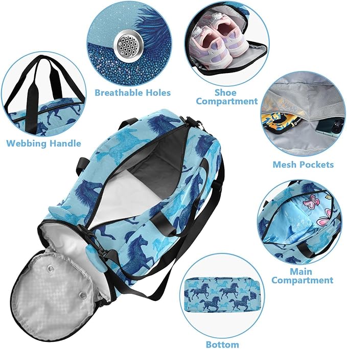 Hand-drawn Horse Electric Blue Boy's Gym Duffel Bag with Shoes Compartment Large Capacity Sports Bag Travel Tote for Boys and Girls bolsos de viaje para hombre