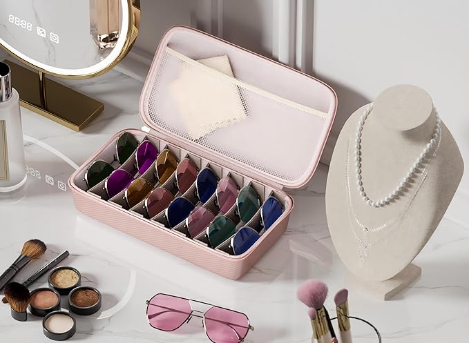 Travel Sunglasses Organizer, Hard Shell Sunglass Case Adjustable Slots for Multiple Sunglass Eyeglass Case