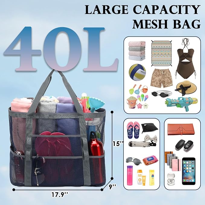 Mesh Beach Bag, Large Beach Tote with Zipper Pocket, Toys Pool Bag for Family Travel Vacation Cruise Essentials