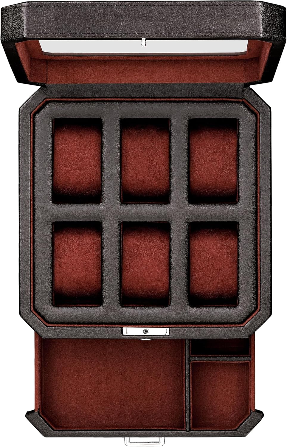 ROTHWELL 6 Slot Leather Watch Box with Valet Drawer - Luxury Watch Case Display Organizer, Microsuede Liner, Locking Mens Jewelry Watches Holder, Men's Storage Boxes Holder Large Glass Top (Black/Red)