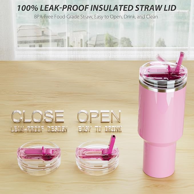 2 Pack Flip Straw Lid for Stanley 40 oz Quencher H2.0 & ProTour, Flip Straw Tumbler Lid for Stanley Cup, Leakproof, No Spill & Easy to Use Reusable Tumbler Cover (Passion Pink)