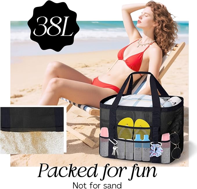 XX-Large Mesh Beach Bag Tote - 9 Pockets for Family Travel/Vacation & Beach Essentials, Foldable & Lightwiht