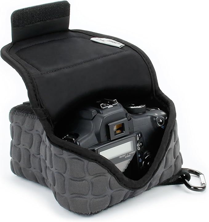 USA Gear Camera Sleeve (Medium) for Compact SLRs Compatible with Canon EOS R100 Nikon Z30 Sony ZV-E10, and more - Padded Neoprene DSLR Case with Zipper Accessory Pocket & Belt Loop (Deluxe Gray)