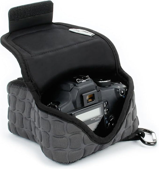 USA Gear Camera Sleeve (Medium) for Compact SLRs Compatible with Canon EOS R100 Nikon Z30 Sony ZV-E10, and more - Padded Neoprene DSLR Case with Zipper Accessory Pocket & Belt Loop (Deluxe Gray)