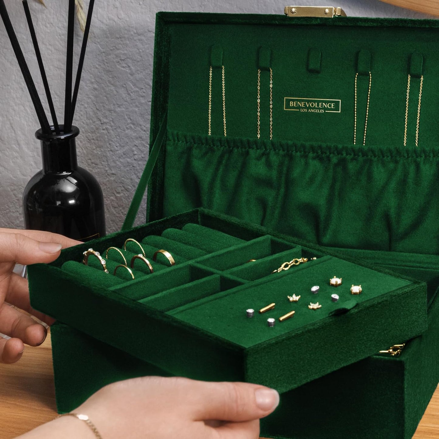 Benevolence LA 2 Layer Jewelry Box for Women, Large Velvet Jewelry Organizer with Decorative Lock, Removable Jewelry Tray, Earrings, Bracelets, Rings and Necklace Storage Box - Emerald