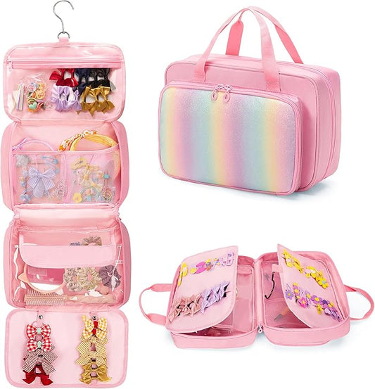 Hanging Hair Accessories Organizer for Baby Girls, Hair Bow Storage Bag, Travel Hair Stuff Case for Hair Clips, Hair Ties, Headbands, Scrunchies, Pink (Bag only)