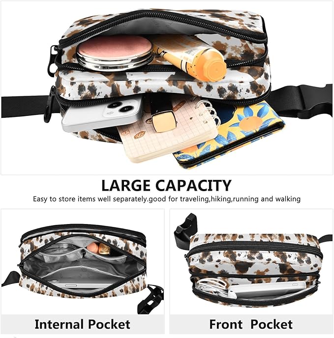 Brown and Black Cow Print Fanny Pack for Women Men Water Resistant Fashion Waist Packs with Adjustable Strap Belt Bag for Travel Workout Jogging Hiking 21219369