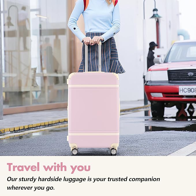 Merax 28 Inch Checked Luggage, Expandable Suitcase with Spinner Wheels, Hard Shell Vintage Luggage Set with TSA Lock(Light Pink)
