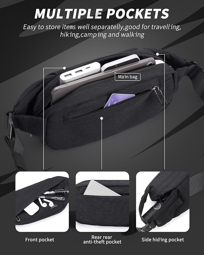 Fanny Pack for Mens Crossbody Bag, Sling Bag for Women Anti Theft Waist Packs with Adjustable Strap Casual Daypack for Running Sports Hiking Cycling Travel Walking - Black