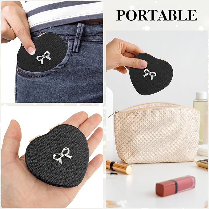 Compact Folding Heart Shaped Double-Sided 1X/2X Magnifying Mini Glitter Makeup Mirror with PU Leather for Women Home, Office and Travel (Gold)