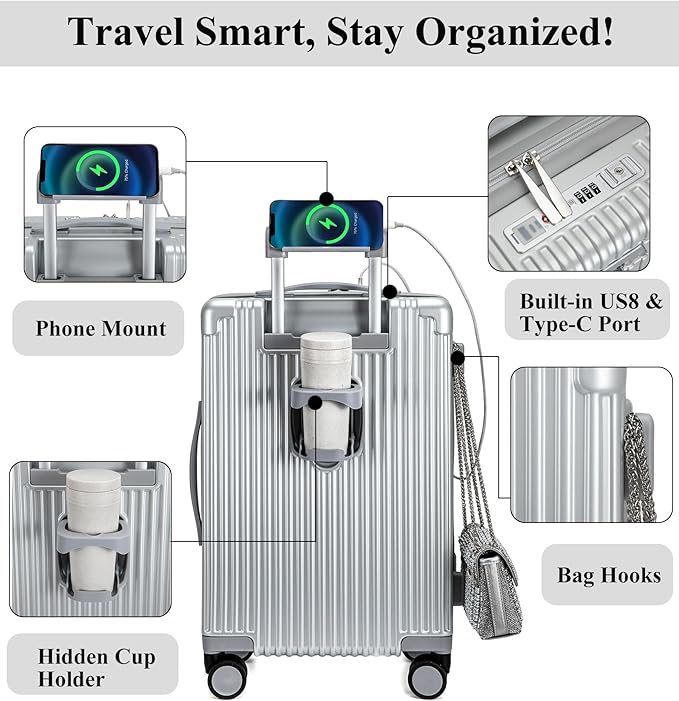 feilario 20in Hardside Spinner Wheel Luggage with Zipper Closure, Built-In TSA lock Carry on Suitcase, with Cup Holder & USB Port & Phone Holder White(with zipper closure, 20in)